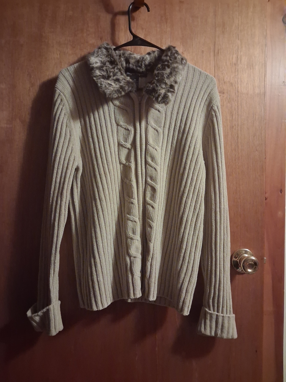 Designers Originals Ribbed Zip-Front Sweater with Faux-Fur Collar - Cream